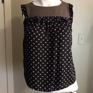 LOFT Petite XXSP Navy Mesh Yoke Blouse Mod Print Sleeveless Office Date Night